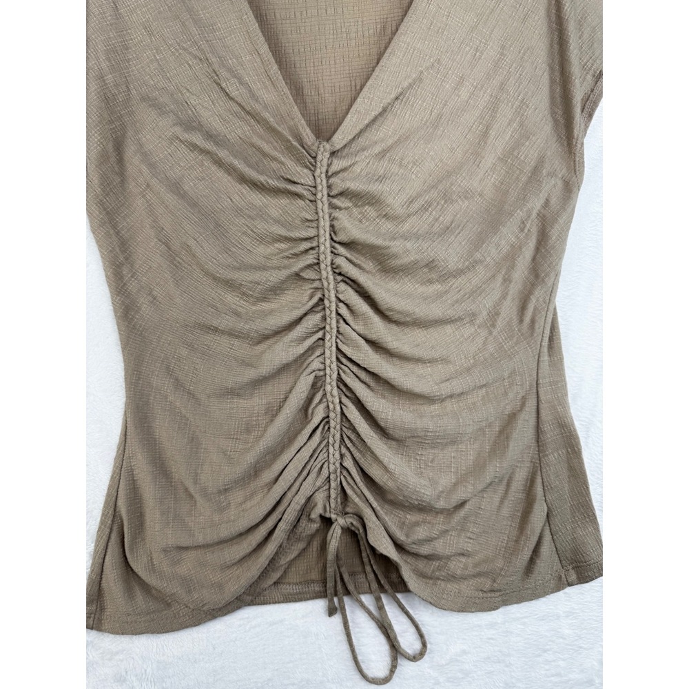 Max Studio Womens Taupe Brown Cinched Front V-Neck Cap Sleeve Top Size M 2703S71 - Picture 2 of 7